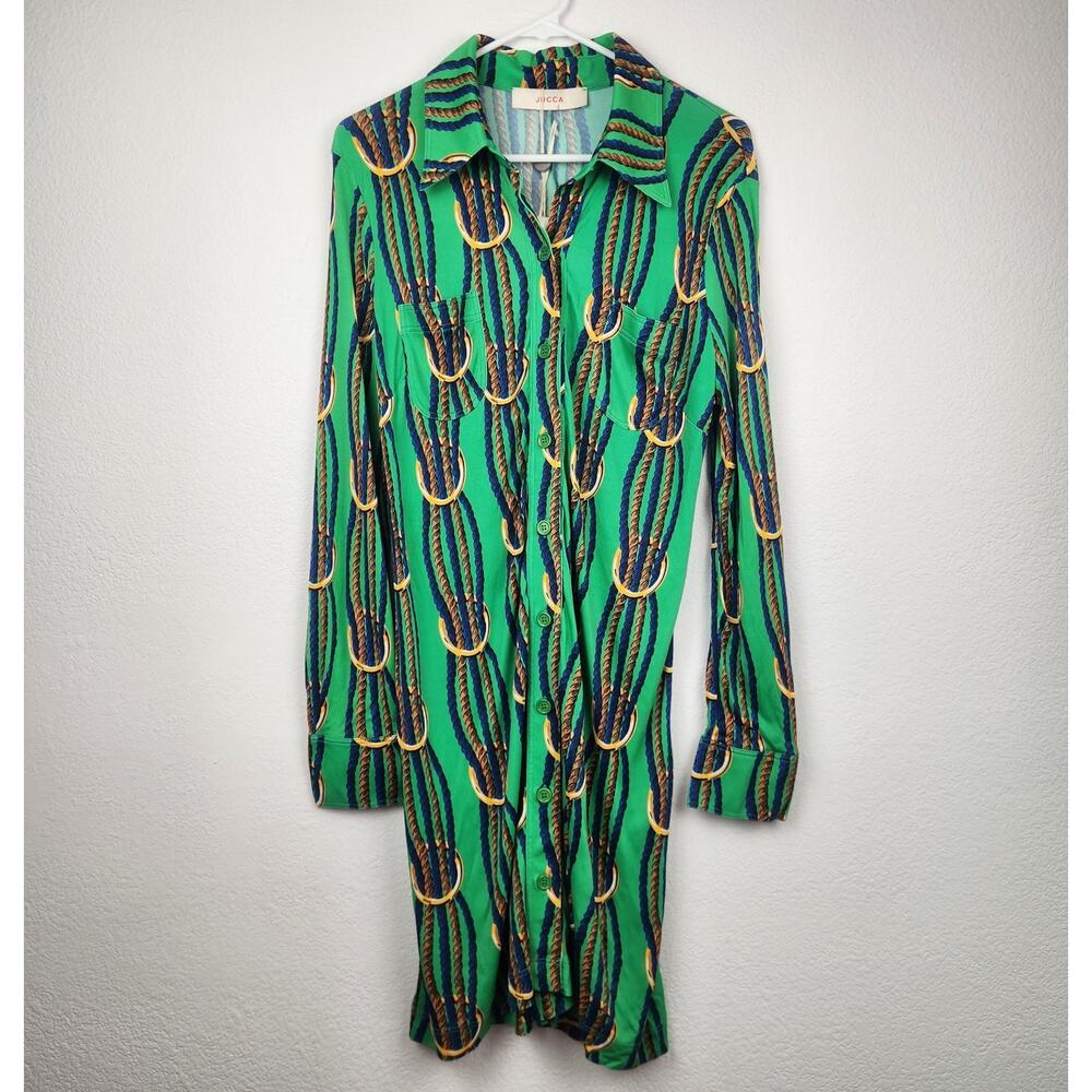 Jucca Green Dress Ropes Button Down Long Sleeve Size 46 Italian US Size 10 NWT